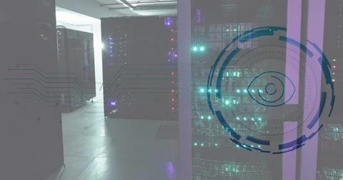 Image of eye in loading circles over illuminated data server racks in server Stock Photos
