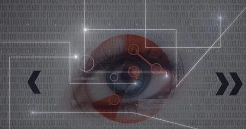 Image of eye scanning technology over binar code Stock-Fotos