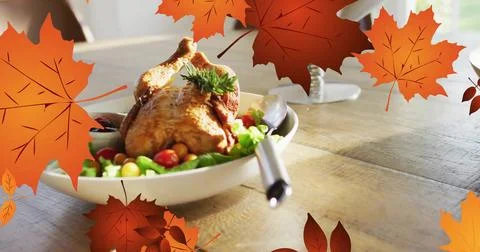 Image of fall leaves over dish with chicken Stock Illustration