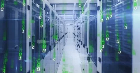 Image of falling binary codes and computer language over server room Stock Photos