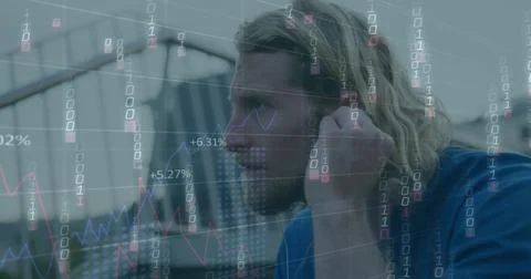 Image of falling binary codes, graphs, changing numbers, caucasian man adjusting Stock Photos