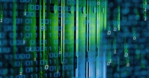 Image of falling binary codes over data server racks in server room Stock Photos