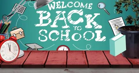 Image of falling books over welcome back to school text on green chalkboard Illustrazione stock