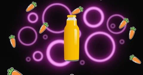 Image of falling carrots and bottle of healthy juice, with purple rings on black Stock Illustration