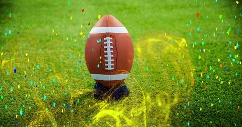 Image of falling confetti and abstract pattern and rugby ball over stand on.. Stock Photos