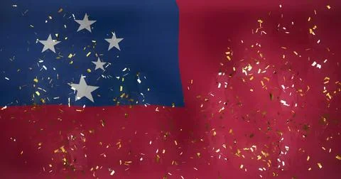 Image of falling confetti over waving flag of samoa in background Ilustração Stock