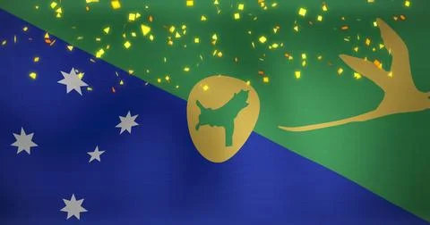 Image of falling confetti over waving flag of christmas island in background Stock Illustration