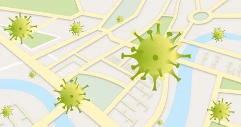Image of falling covid 19 cells over city plan Illustrazione stock