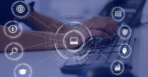 Image of falling education icons over person using laptop Illustrazione stock