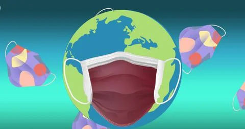 Image of falling face masks over globe wearing face mask Ilustração Stock