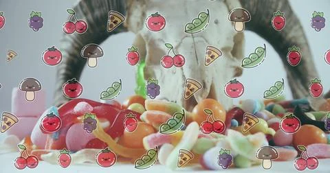 Image of falling food over fruit and vegetable on table Ilustração Stock