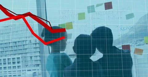 Image of falling graphs, grid pattern, diverse children talking and writing in Stock Photos