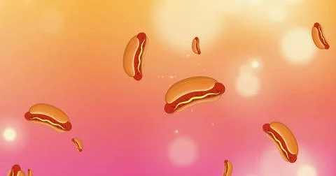 Image of falling hotdogs over bokeh lights on blended orange and pink background Stock Illustration