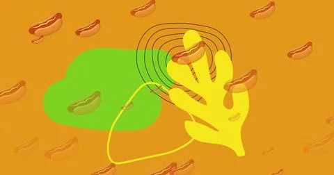 Image of falling hotdogs with yellow and green shapes and contour lines on Stock Illustration