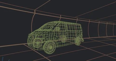 Image of falling icons 3d car model over grid on black background イラスト素材