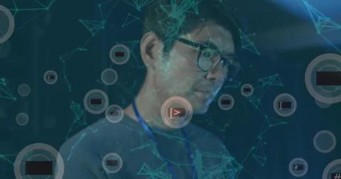 Image of falling icons and network of connections over biracial male server room Stock Illustration