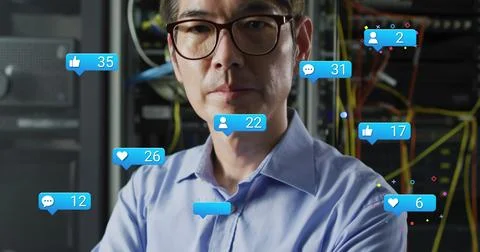 Image of falling icons and network of connections over biracial male server room Stock Illustration