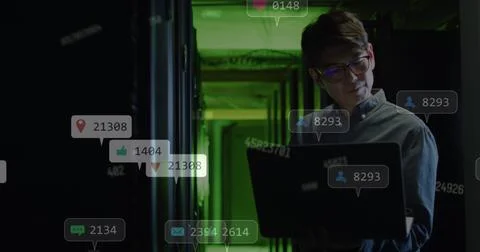 Image of falling icons and network of connections over biracial male server room Stock Illustration