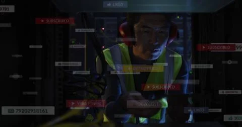 Image of falling icons and network of connections over biracial male server room Stock Illustration