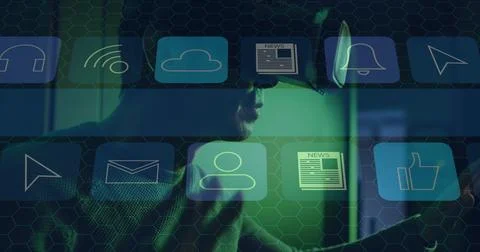 Image of falling icons and network of connections over biracial male server room Stock Illustration