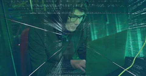 Image of falling icons and network of connections over male hacker Stock Photos