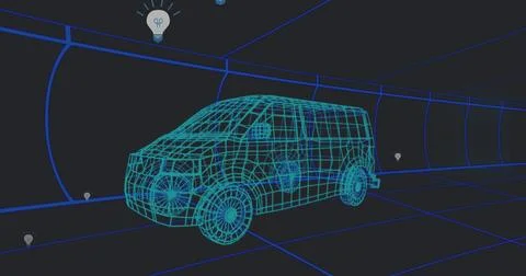 Image of falling icons over 3d car model over grid on black background イラスト素材