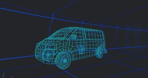 Image of falling icons over 3d car model over grid on black background イラスト素材