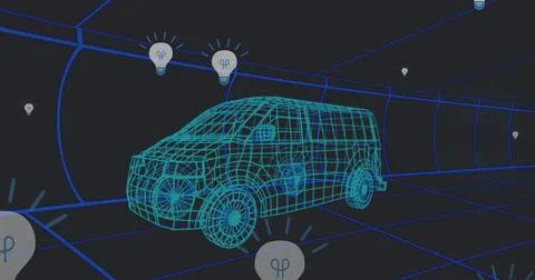 Image of falling icons over 3d car model over grid on black background イラスト素材