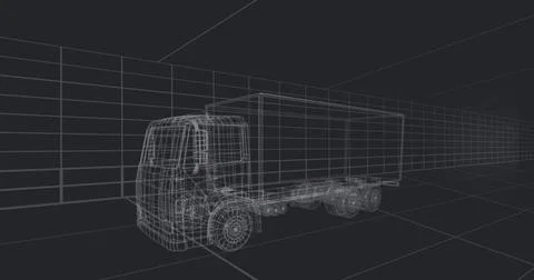 Image of falling icons over 3d car model over grid on black background イラスト素材
