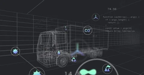 Image of falling icons over 3d car model over grid on black background イラスト素材