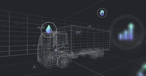 Image of falling icons over 3d car model over grid on black background イラスト素材