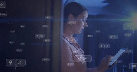Image of falling icons over caucasian female server room worker Stock Illustration