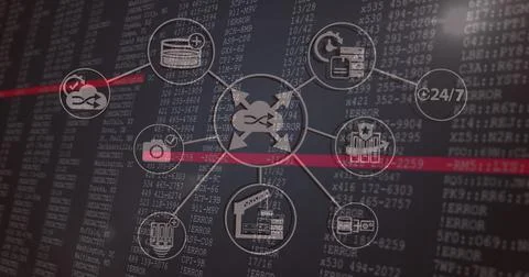 Image of falling icons over data processing on dark background Illustrazione stock