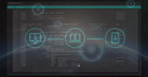 Image of falling icons over data processing on dark background Stock Illustration
