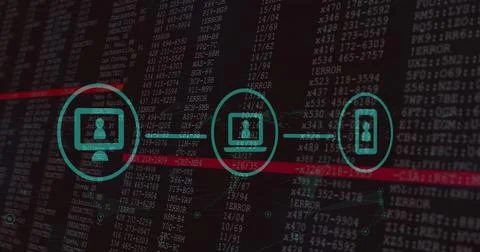 Image of falling icons over data processing on dark background Stock Illustration