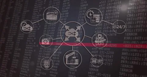 Image of falling icons over data processing on dark background イラスト素材