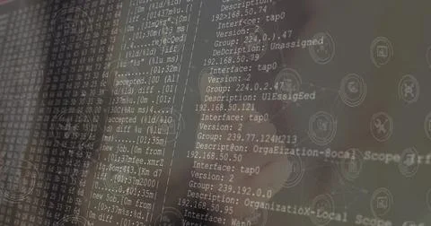 Image of falling icons over data processing on dark background 库存照片