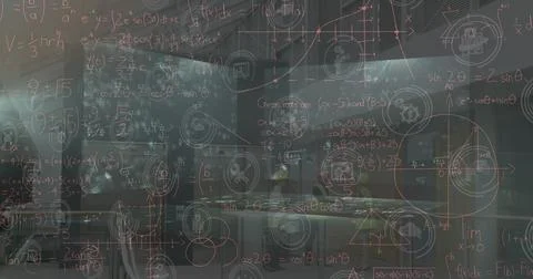 Image of falling icons over data processing on dark background 스톡 사진