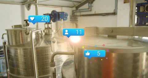 Image of falling icons over refinery Stock Photos