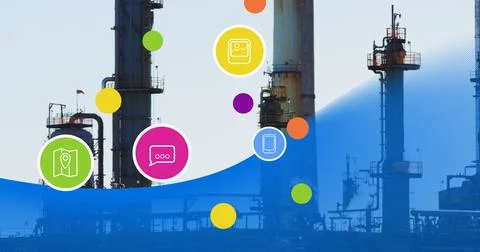 Image of falling icons over refinery Stock Photos