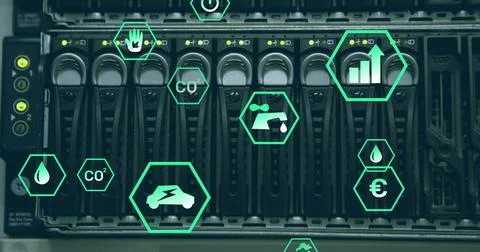 Image of falling icons over server room イラスト素材