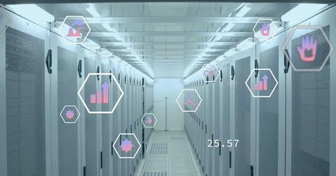 Image of falling icons over server room イラスト素材