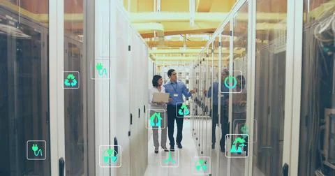Image of falling icons over server room イラスト素材
