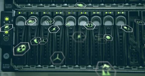 Image of falling icons over server room イラスト素材