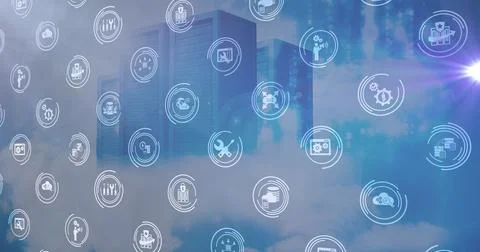 Image of falling icons over server room Stock Illustration