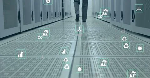 Image of falling icons over server room Stock Photos