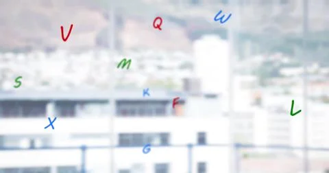 Image of falling letters over cityscape Ilustração Stock