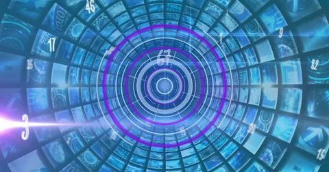 Image of falling numbers circular scope scanning and blue composite screens Stock Illustration