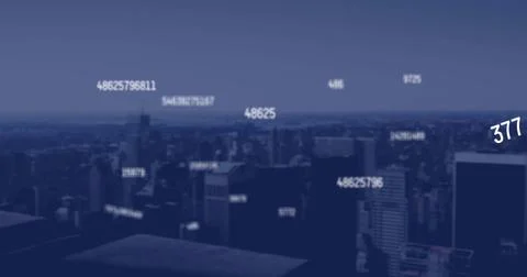 Image of falling numbers over cityscape 스톡 사진