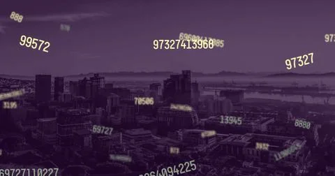 Image of falling numbers over cityscape 스톡 사진